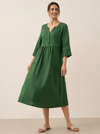 LINTICO 100% linen loose fit maxi dress with button waist and gathered design, perfect for casual summer wear.