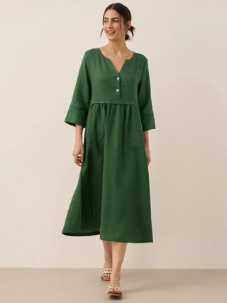 LINTICO 100% linen loose fit maxi dress with button waist and gathered fabric, perfect for casual summer wear.