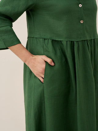 LINTICO 100% linen loose fit maxi dress with button waist and gathered details, perfect for casual summer wear.