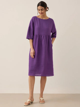 LINTICO 100% linen A-line midi dress in Valencia color, featuring a flowy silhouette and elegant design.