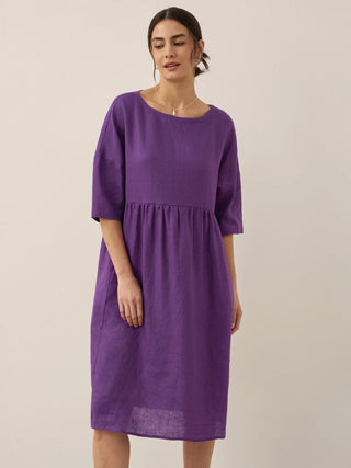 LINTICO 100% linen A-line midi dress with a flowing silhouette and classic design, perfect for casual or summer wear.
