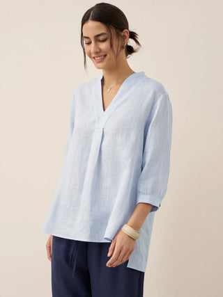 LINTICO Joanna 100% linen dress shirt blouse with long sleeves, classic collar, and button-front detail on a white background.
