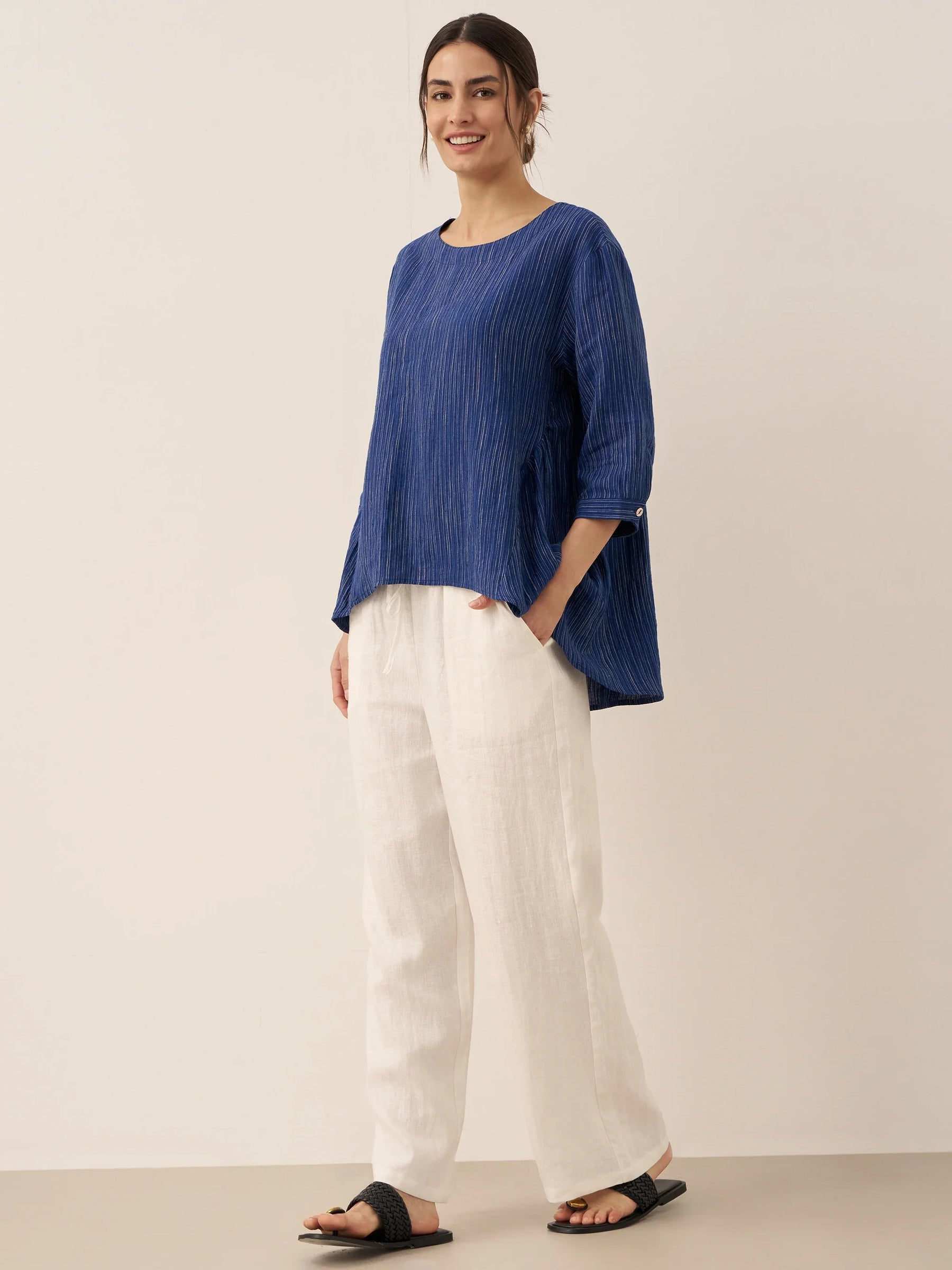 100% Linen Round Neck Artistic Stripe Top FLORENCE - Glamourous Grace