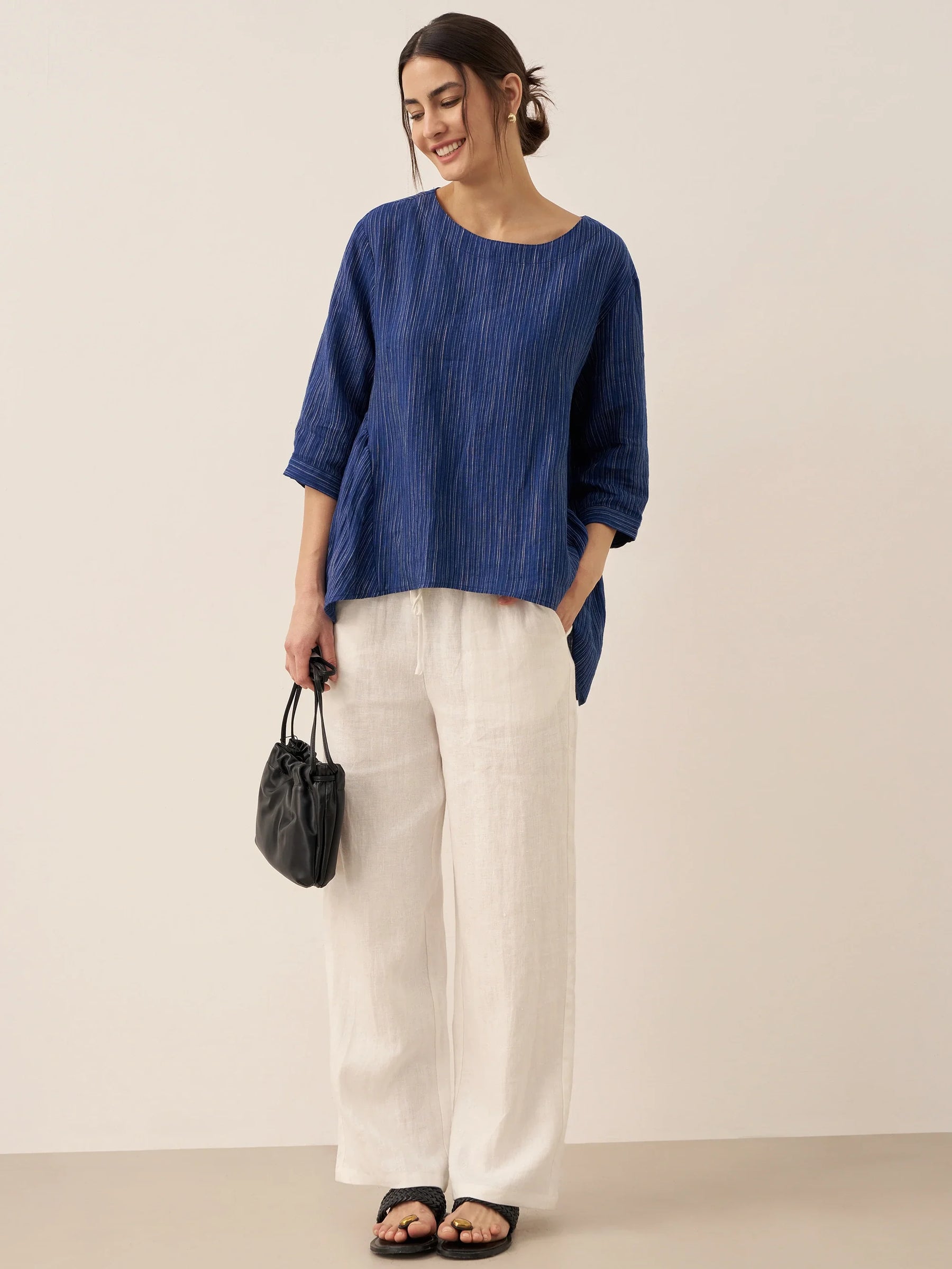 100% Linen Round Neck Artistic Stripe Top FLORENCE - Glamourous Grace