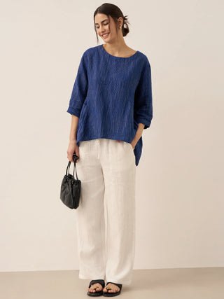 100% Linen Round Neck Artistic Stripe Top FLORENCE - Glamourous Grace