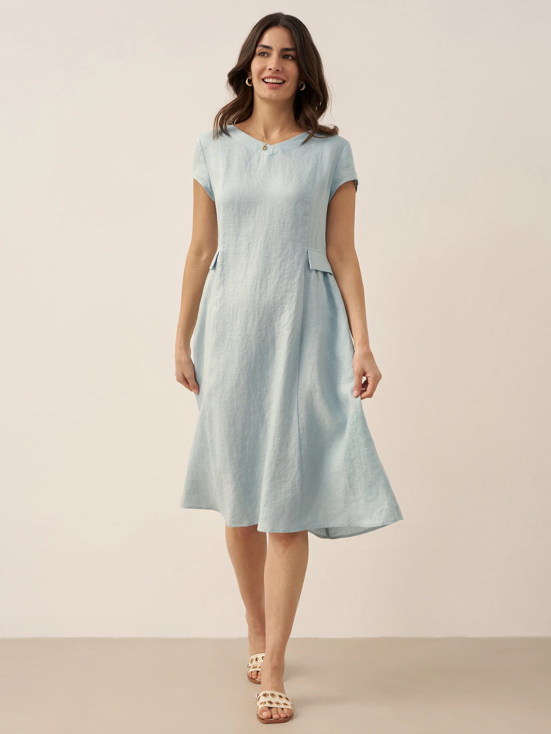 100% Linen Natural Summer V-Neck Dress ALEXA - Glamourous Grace