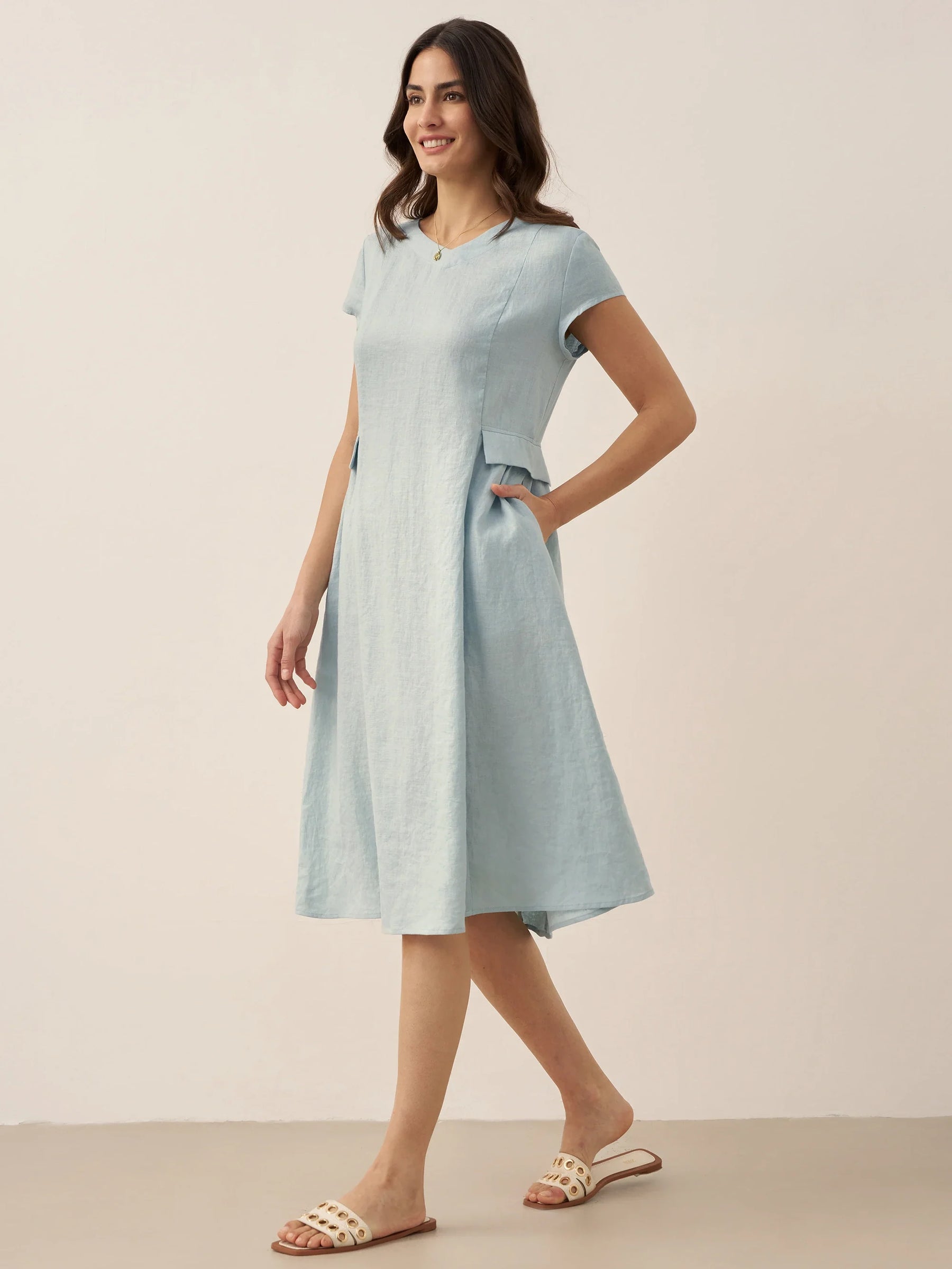 100% Linen Natural Summer V-Neck Dress ALEXA - Glamourous Grace