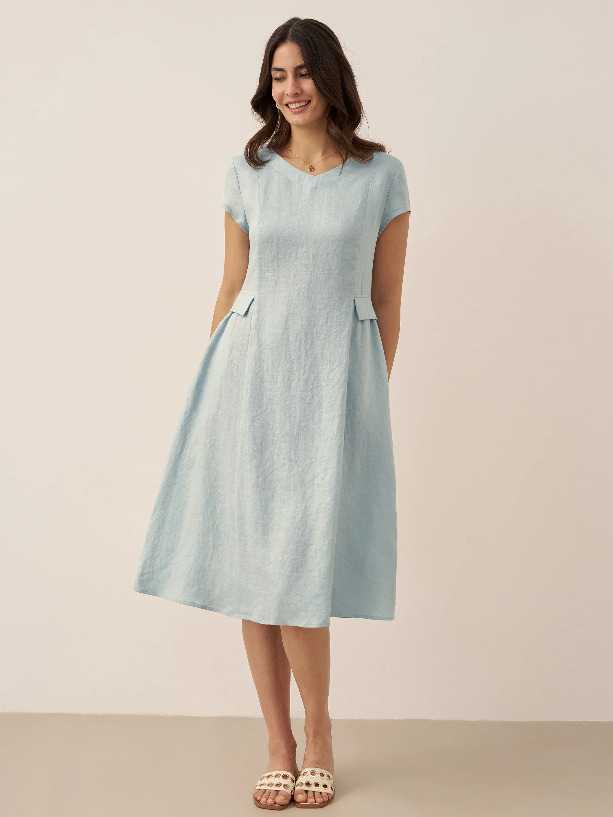 100% Linen Natural Summer V-Neck Dress ALEXA - Glamourous Grace