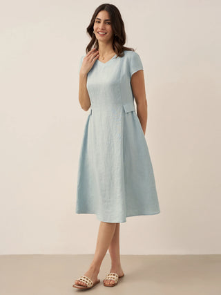 LINTICO 100% linen natural summer V-neck midi dress in soft beige, lightweight and breathable for warm weather.