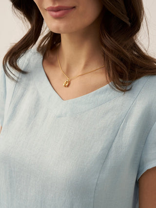 LINTICO 100% linen natural summer V-neck midi dress with short sleeves and relaxed fit, perfect for warm weather.