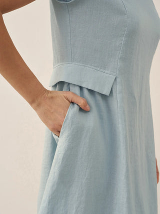 LINTICO 100% linen natural summer V-neck midi dress with short sleeves and a relaxed fit, ideal for warm weather.