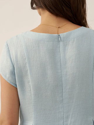 LINTICO 100% linen natural summer V-neck midi dress with short sleeves, lightweight and breathable for warm weather.