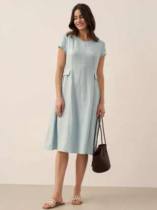 100% Linen Natural Summer V-Neck Dress ALEXA - Glamourous Grace