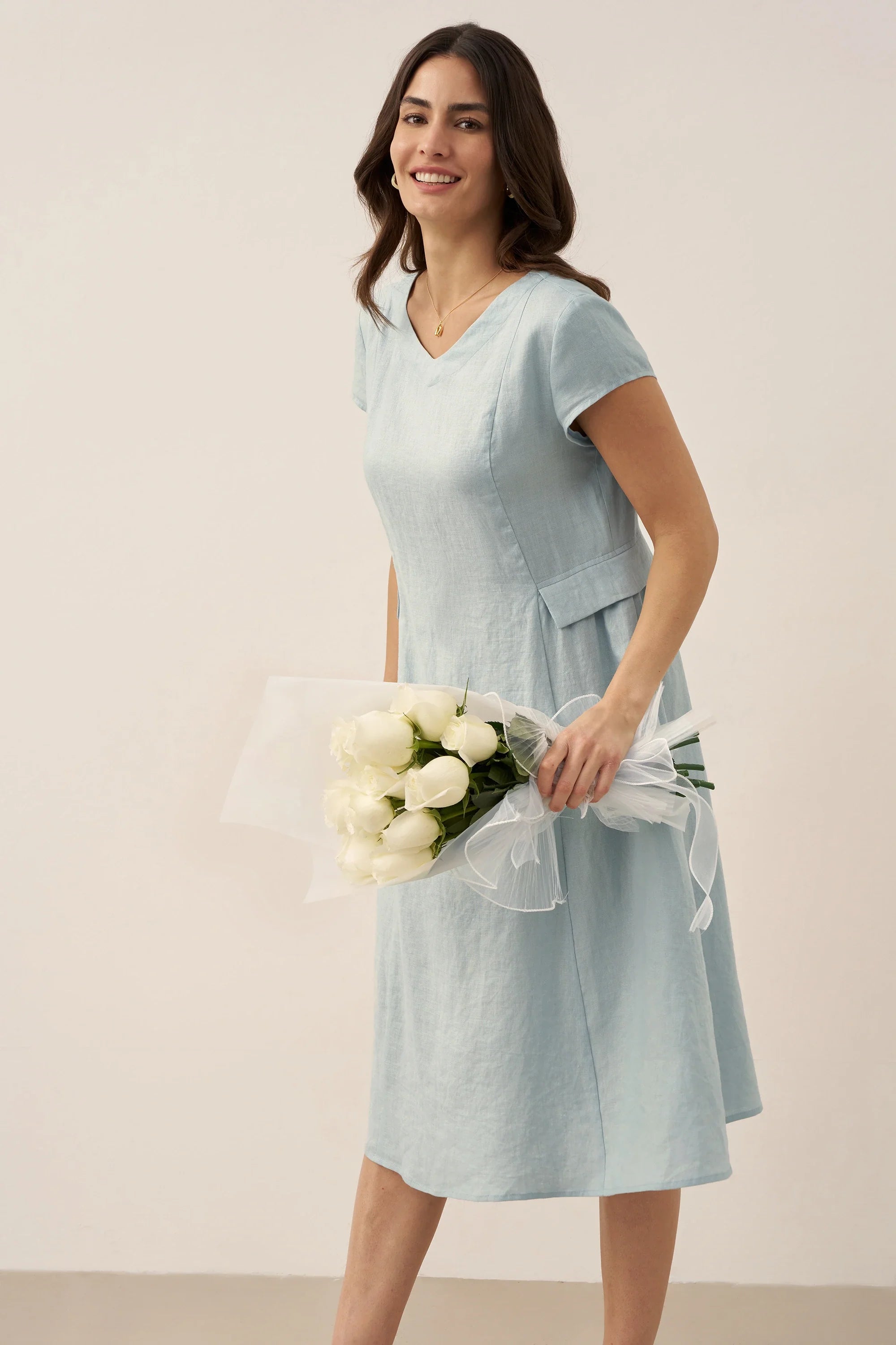 100% Linen Natural Summer V-Neck Dress ALEXA - Glamourous Grace