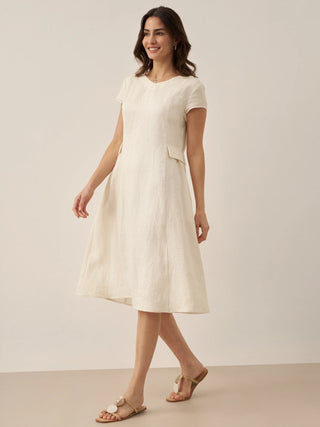 LINTICO 100% linen natural summer V-neck midi dress with a relaxed fit, perfect for warm weather and casual occasions.