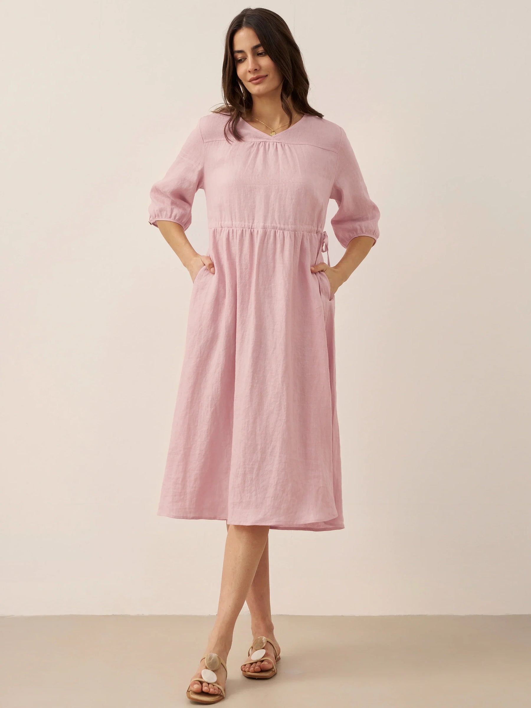 100% Linen A-Line Drawstring Waist Midi Dress DIXIE - Glamourous Grace