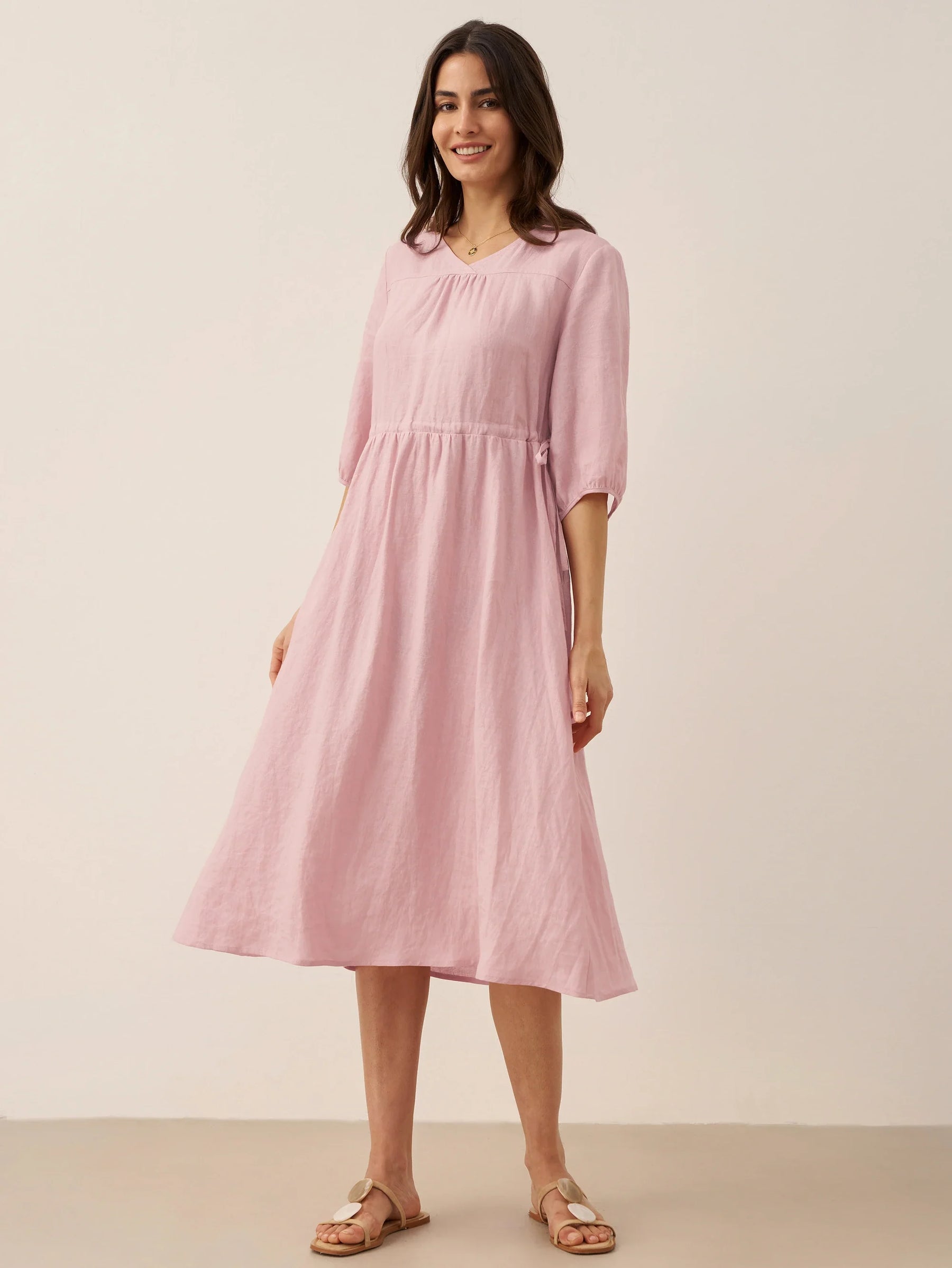 100% Linen A-Line Drawstring Waist Midi Dress DIXIE - Glamourous Grace