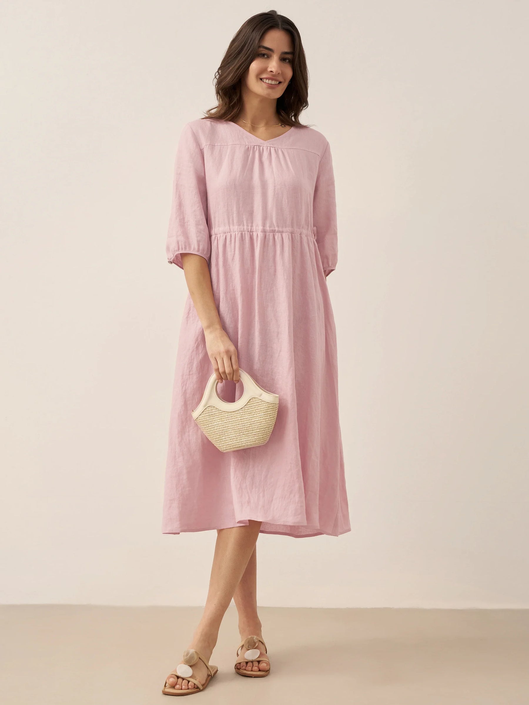 100% Linen A-Line Drawstring Waist Midi Dress DIXIE - Glamourous Grace