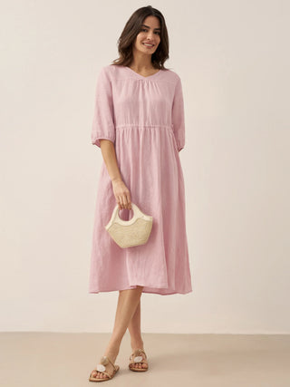 100% Linen A-Line Drawstring Waist Midi Dress DIXIE