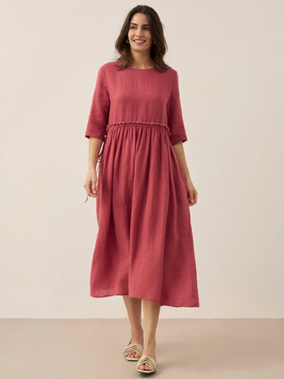 100% Linen Petal-Waist Drawstring Midi Dress JASMINE - Glamourous Grace