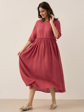 100% Linen Petal-Waist Drawstring Midi Dress JASMINE - Glamourous Grace
