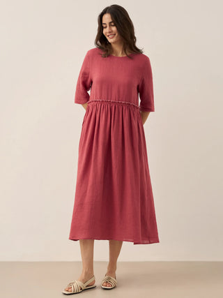 100% Linen Petal-Waist Drawstring Midi Dress JASMINE - Glamourous Grace
