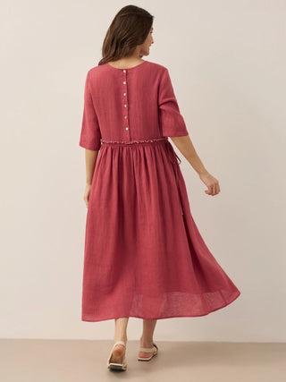 100% Linen Petal-Waist Drawstring Midi Dress JASMINE - Glamourous Grace