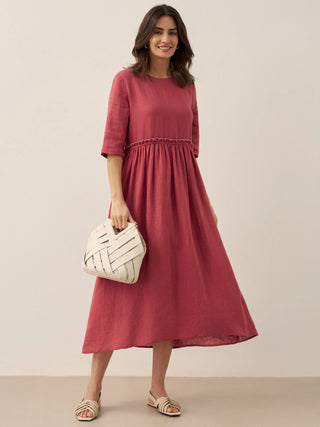 100% Linen Petal-Waist Drawstring Midi Dress JASMINE - Glamourous Grace