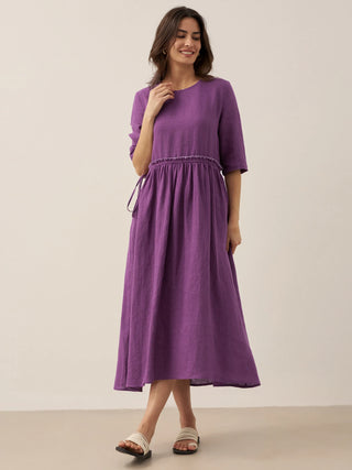 100% Linen Petal-Waist Drawstring Midi Dress JASMINE - Glamourous Grace