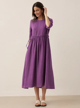 100% Linen Petal-Waist Drawstring Midi Dress JASMINE - Glamourous Grace