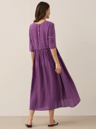 100% Linen Petal-Waist Drawstring Midi Dress JASMINE - Glamourous Grace