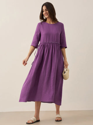 100% Linen Petal-Waist Drawstring Midi Dress JASMINE - Glamourous Grace