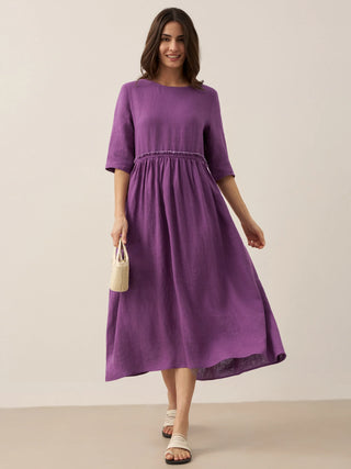 100% Linen Petal-Waist Drawstring Midi Dress JASMINE - Glamourous Grace