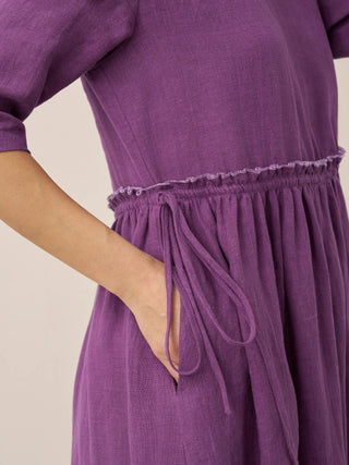100% Linen Petal-Waist Drawstring Midi Dress JASMINE - Glamourous Grace