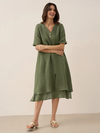 100% Linen V-Neck Double-Layer Midi Dress JAYDA - Glamourous Grace