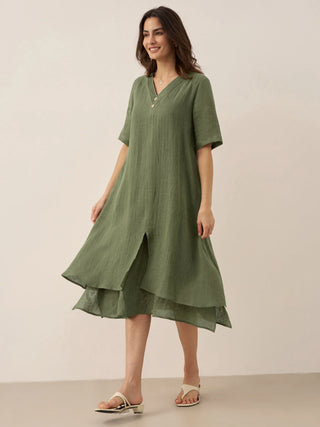 100% Linen V-Neck Double-Layer Midi Dress JAYDA - Glamourous Grace