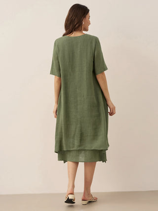 100% Linen V-Neck Double-Layer Midi Dress JAYDA - Glamourous Grace