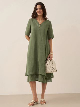 100% Linen V-Neck Double-Layer Midi Dress JAYDA - Glamourous Grace