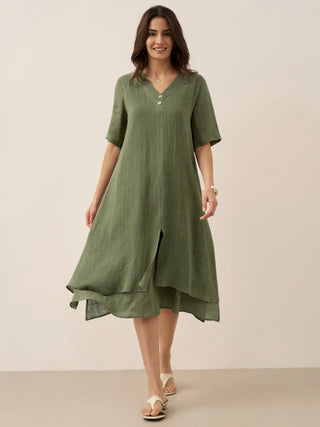 100% Linen V-Neck Double-Layer Midi Dress JAYDA - Glamourous Grace