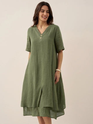 100% Linen V-Neck Double-Layer Midi Dress JAYDA - Glamourous Grace