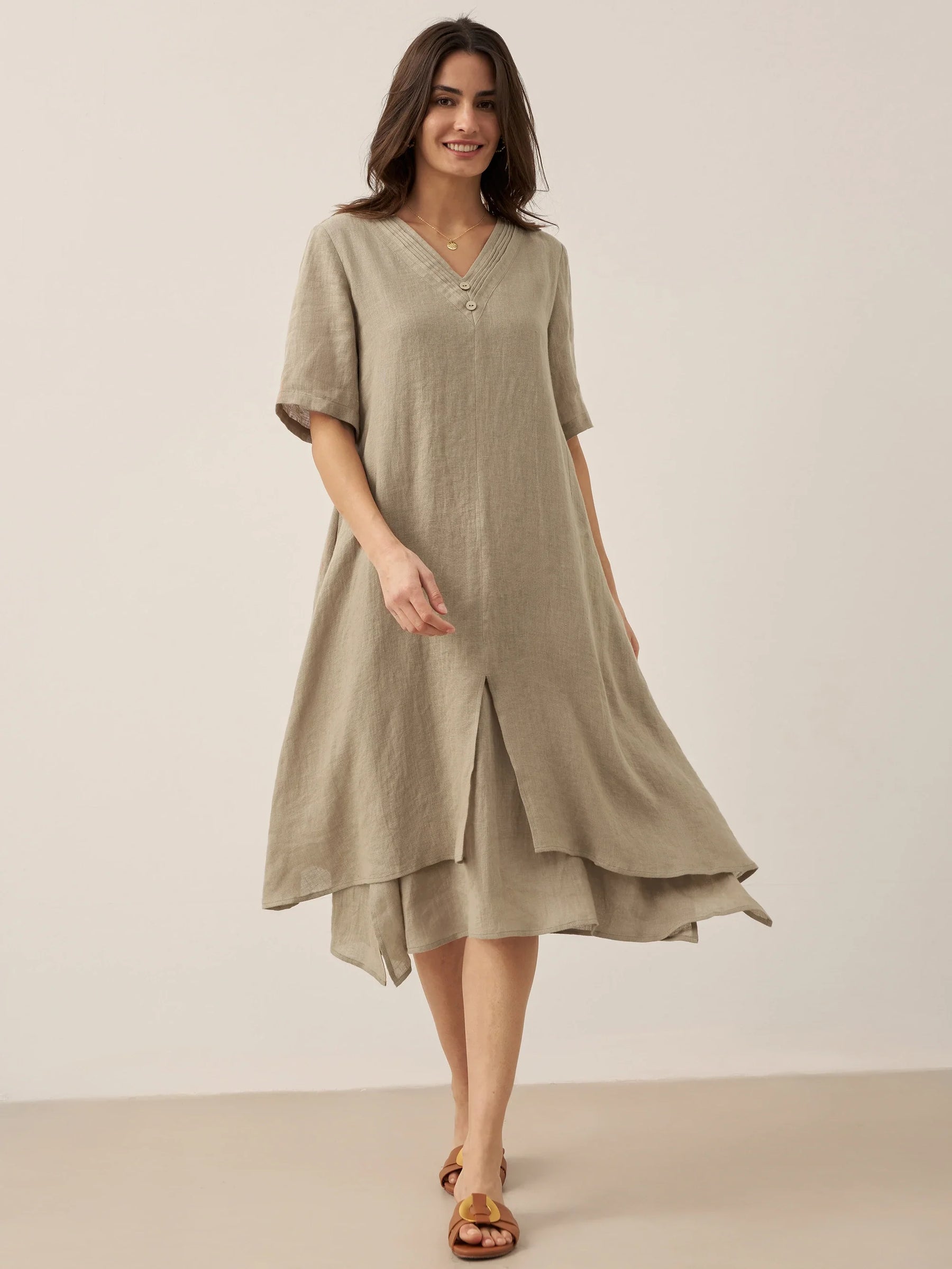 100% Linen V-Neck Double-Layer Midi Dress JAYDA - Glamourous Grace