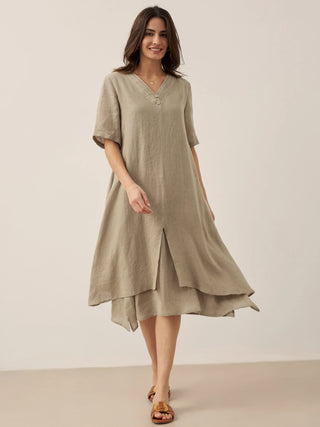 100% Linen V-Neck Double-Layer Mini Dress JAYDA - Glamourous Grace