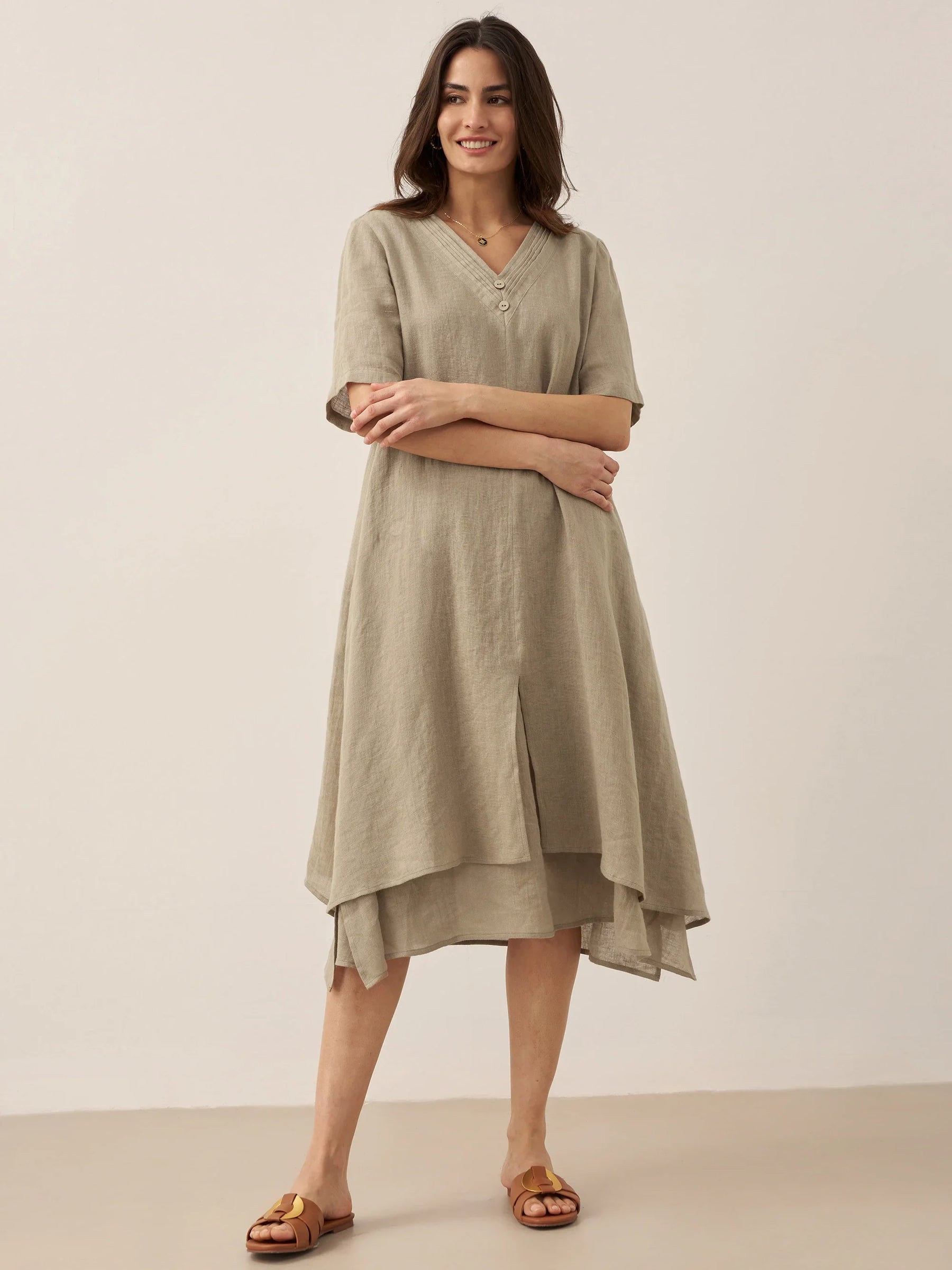 100% Linen V-Neck Double-Layer Midi Dress JAYDA - Glamourous Grace