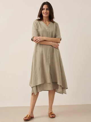 100% Linen V-Neck Double-Layer Midi Dress JAYDA - Glamourous Grace