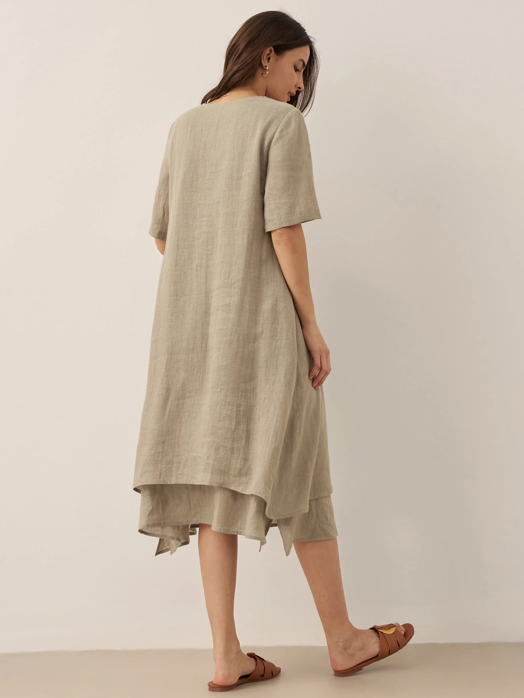 100% Linen V-Neck Double-Layer Midi Dress JAYDA - Glamourous Grace