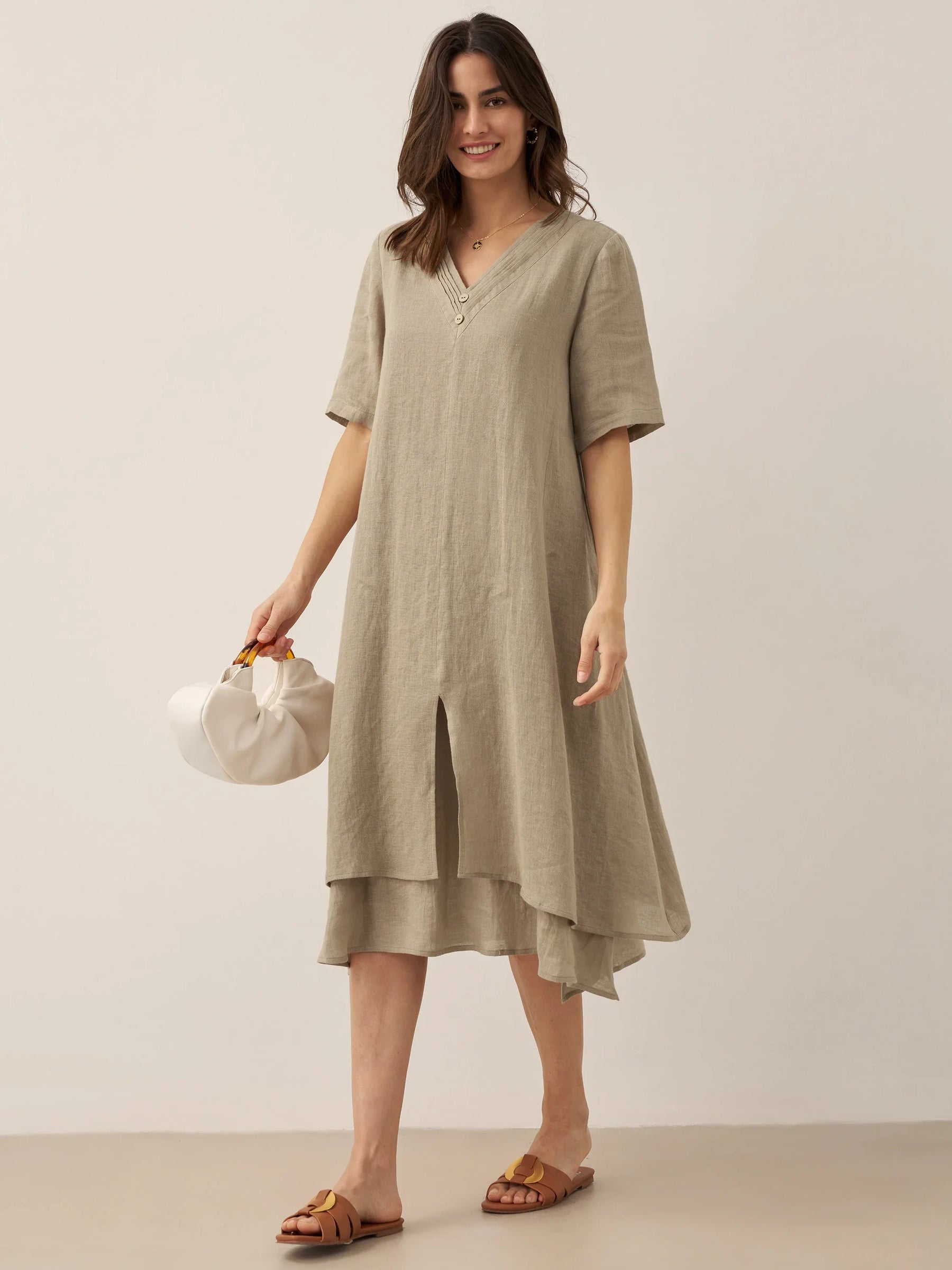 100% Linen V-Neck Double-Layer Midi Dress JAYDA - Glamourous Grace