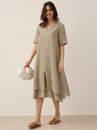 100% Linen V-Neck Double-Layer Midi Dress JAYDA - Glamourous Grace