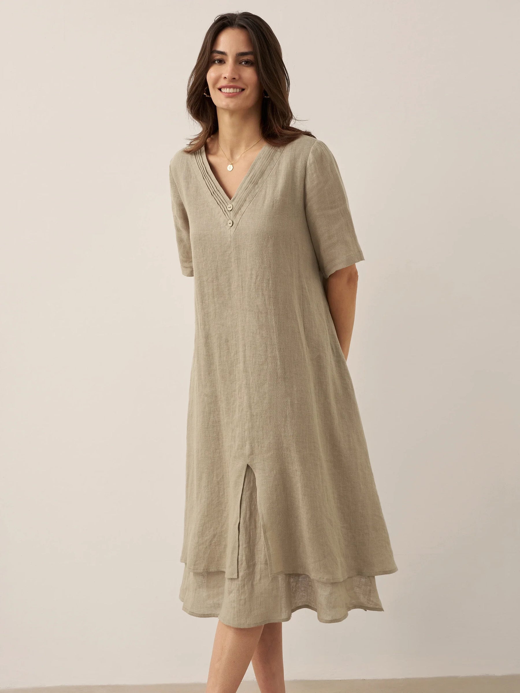 100% Linen V-Neck Double-Layer Midi Dress JAYDA - Glamourous Grace