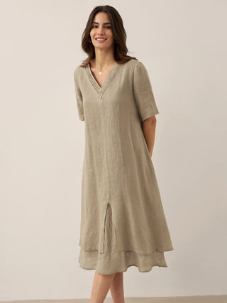 100% Linen V-Neck Double-Layer Midi Dress JAYDA - Glamourous Grace