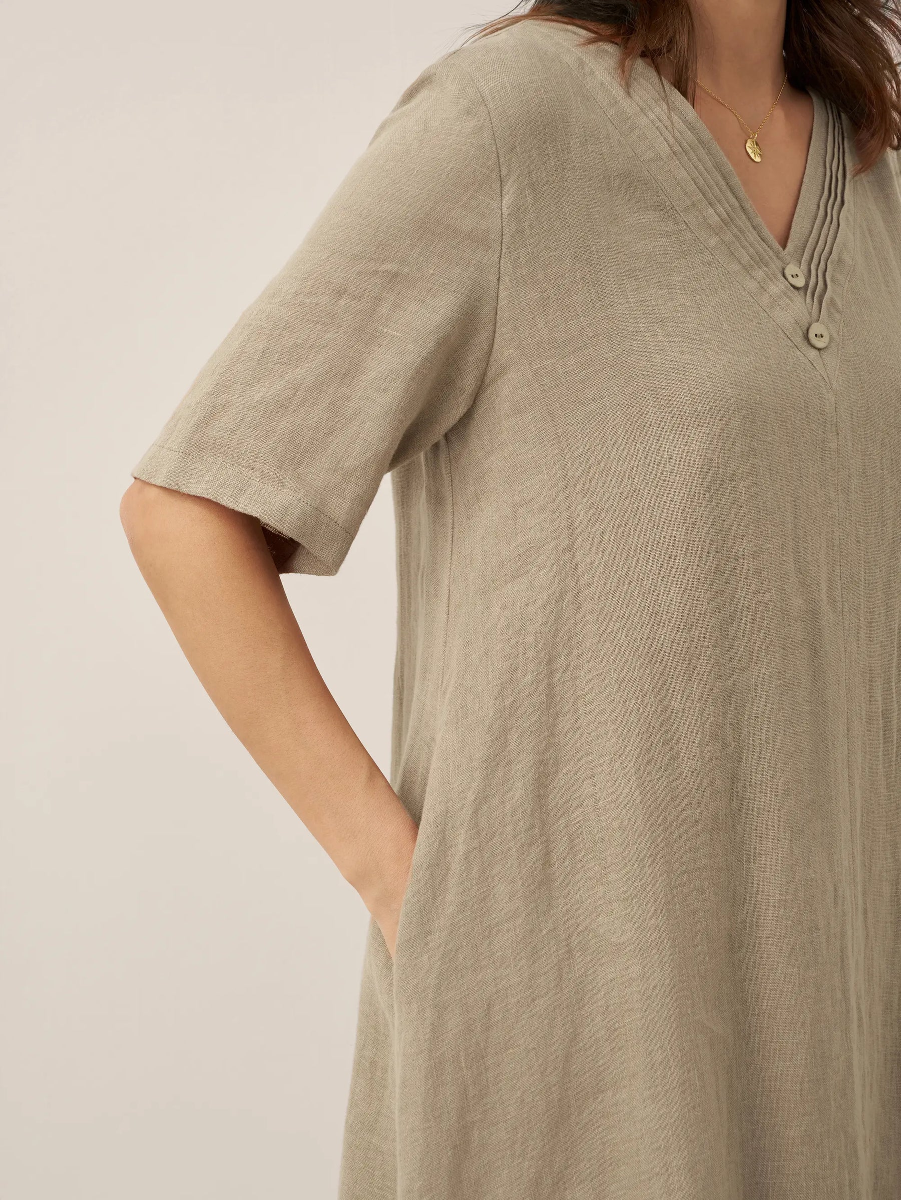 100% Linen V-Neck Double-Layer Midi Dress JAYDA - Glamourous Grace